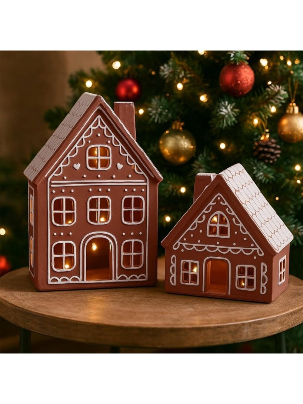 Set of 2 LED Gingerbread House Tabletop Decor for Christmas Holiday Home Decor